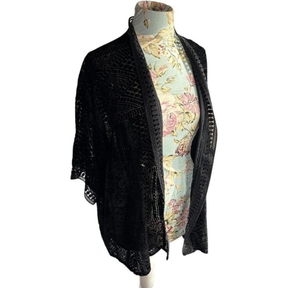 Nostalgia Black Velvet Burnout Lace Trim Kimono Cardigan Duster sz‎ M Whimsigoth - Picture 3 of 8
